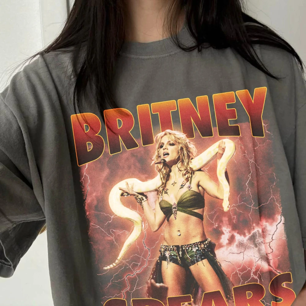 90s Retro Britney Spears Snake Pattern T-Shirt, Retro Band Style, Summer Pure Cotton Couple Loose Casual Shirt  shirts for women