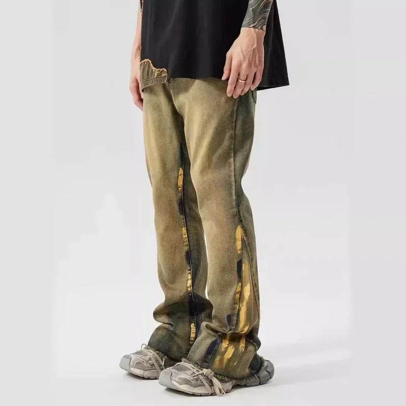 Pop European And American Retro Flared Jeans For Men Washed And Distressed High Street Slim Straight-leg Pants For Autumn And Wi