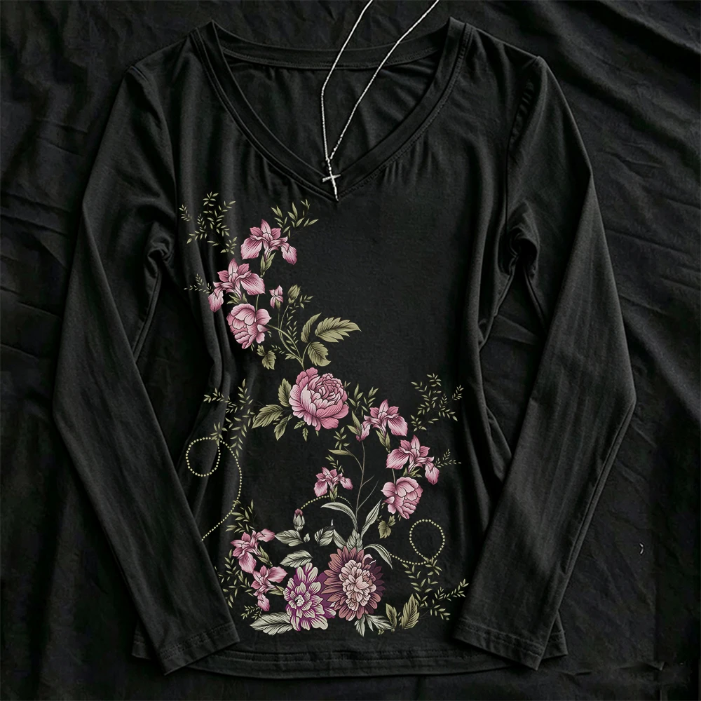 Autumn new basic slim fit V-neck basic shirt top, printed long sleeved women's T-shirt