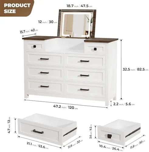 Dresser with LED Mirror, 8 Drawers, Farmhouse, for Bedroom, White | Chest of Drawers with LED Mirror, White Dressers
