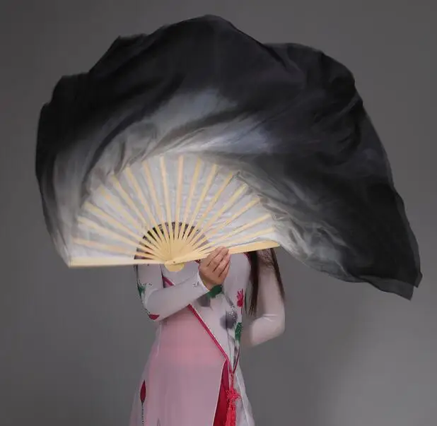 1 زوج الصينية الخيزران للطي الحرير مروحة الحجاب الرقص الشرقي الدعائم أسود أبيض التدرج الترتر دائرة مروحة 76 سنتيمتر اضافية طويلة زي #6