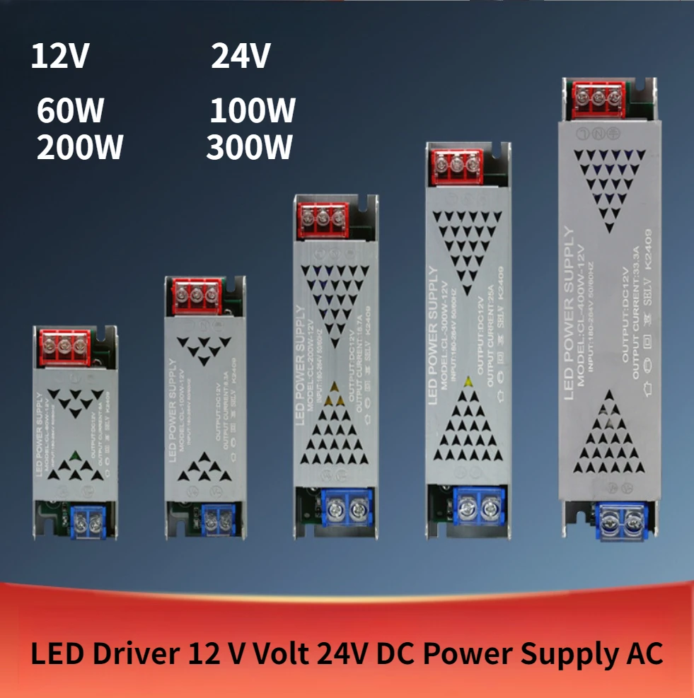 

12 В 24 В Светодиодный источник питания 500 Вт 400 Вт 300 Вт 200 Вт 100 Вт 60 Вт Светодиодный драйвер Трансформатор переменного/постоянного тока для светодиодных лент Внутреннее домашнее освещение