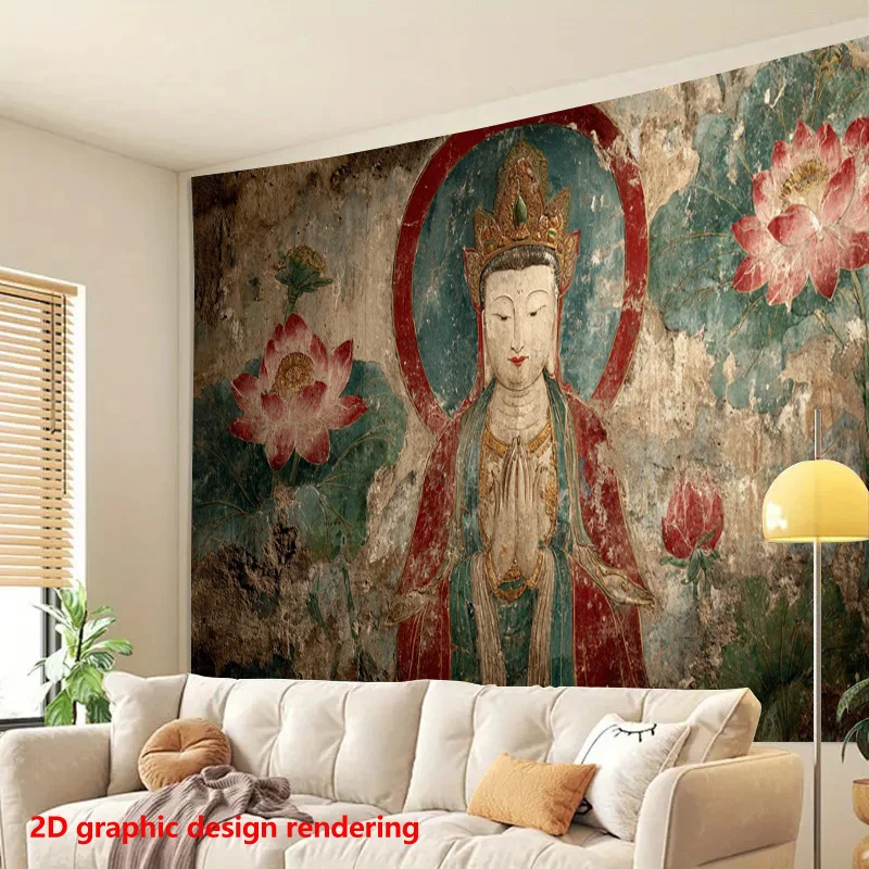 Large Buddhist Temple Mural Wallpaper Wall Art Tropical Lotus Goddess Asian Style Home Decor Tapestry
