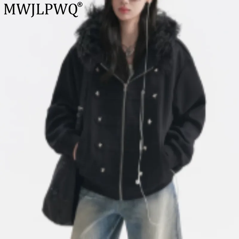 MWJLPWQ Men's Spring Autumn Hooded Sweatshirt Faux Fur Collar Trendy Design Decorative Studs Niched Tide Loose Sportwear 21391