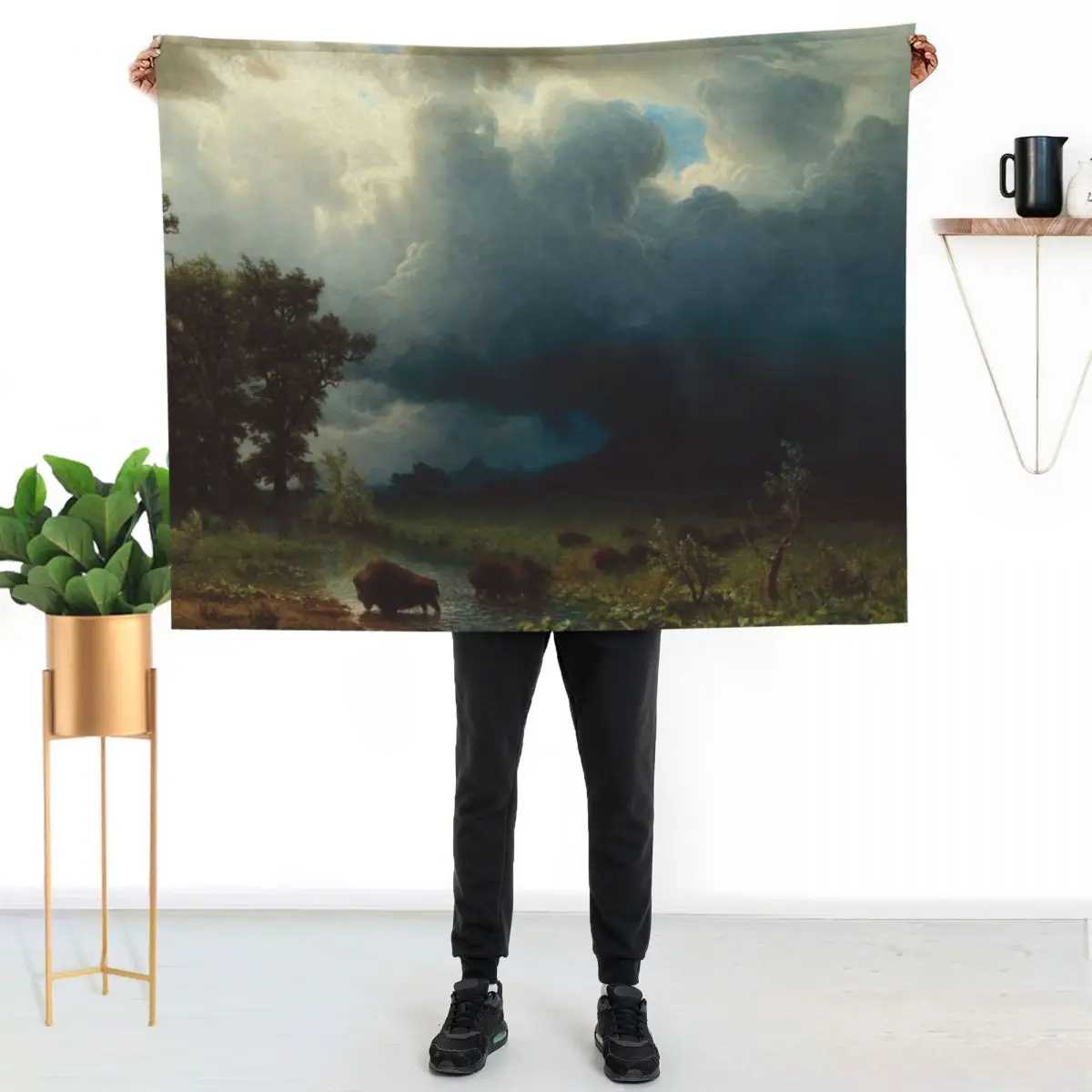 Buffalo Trial, The Impending Storm Albert Bierstadt 1869 Nature Art Throw Blanket Shaggy Decorative Sofa Blankets