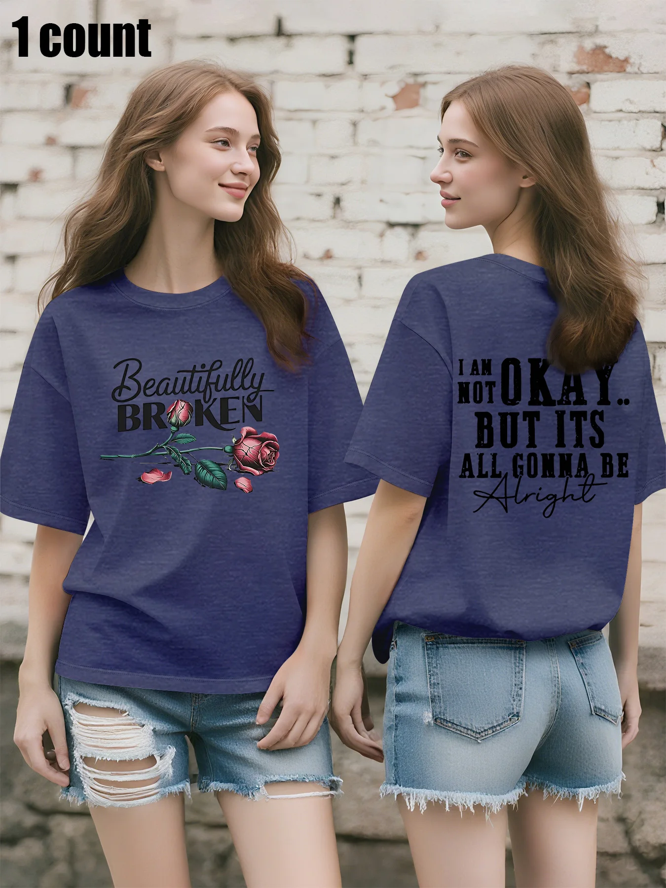 Plus Size Women's White Oversized T - Shirt, Front "Beautifully Broken" Rose Print, Casual Short - Sleeve Top