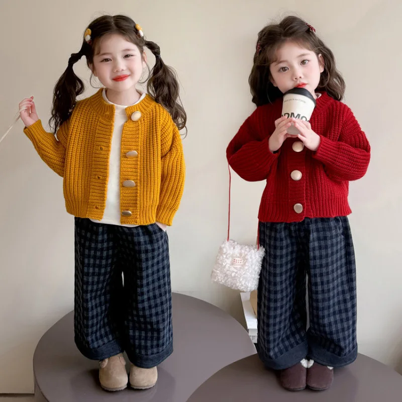 Girls sweater set Spring and autumn 2025 new children's foreign style baby autumn little girl knitted sweater three-piece set
