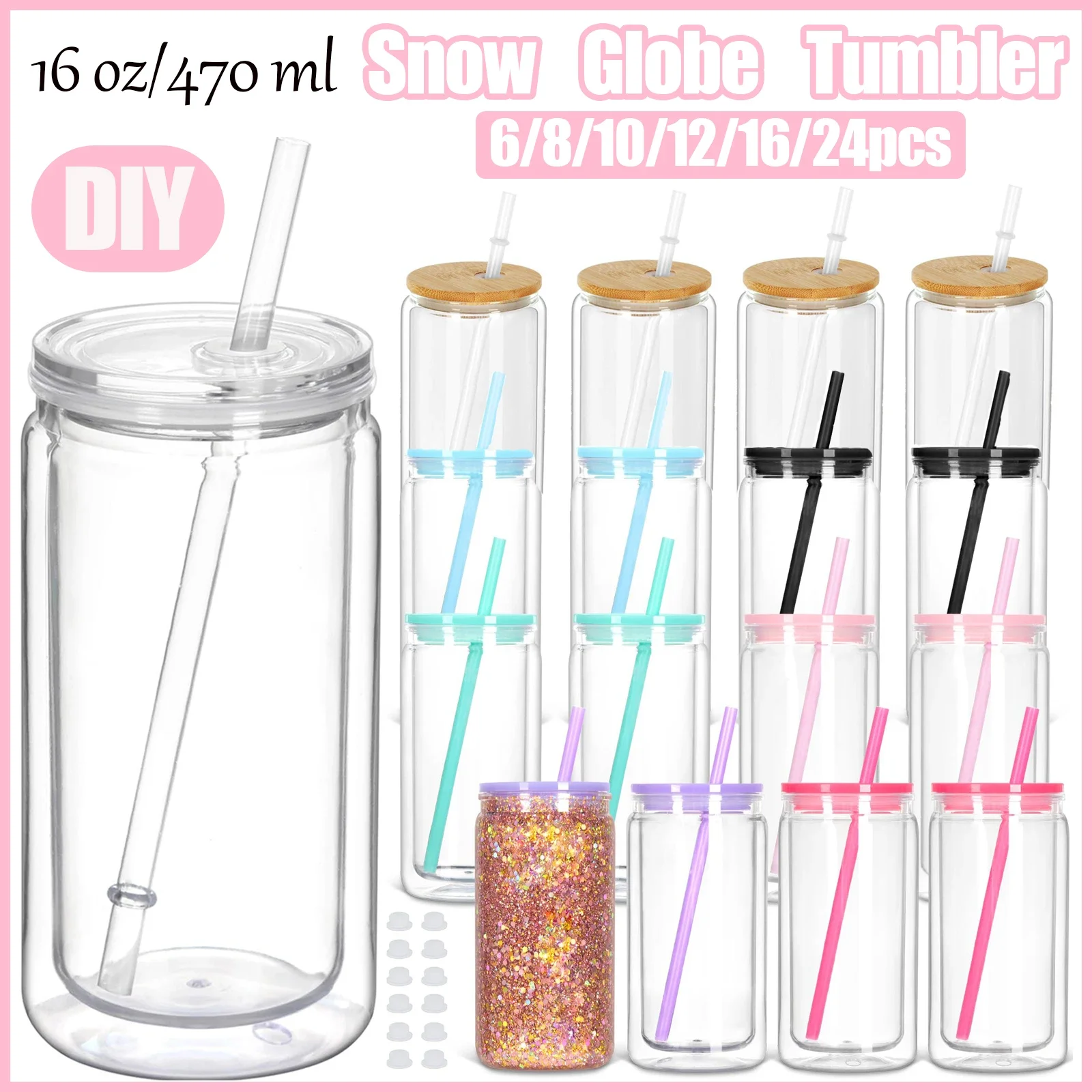 6-24pcs-16oz-diy-snow-globe-cup-snowglobe-tumblers-with-pre-drilled-hole-and-straw-double-wall-plastic-cup-for-party-favors