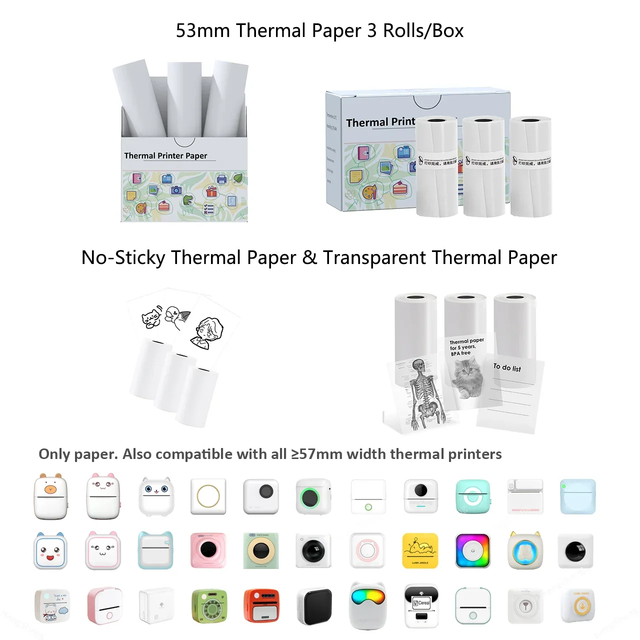 Thermal Paper White And Transparent Sticky For Phomemo/Memoking M02/T02 Mini Printer 50mmx3.7m for Journal Photo Text Notes