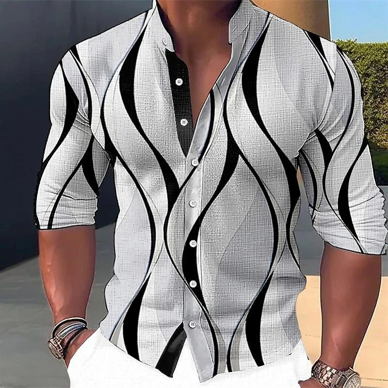 Men's shirt graphic geometric standing collar outdoor street long sleeved printed clothing fashion street clothing casual