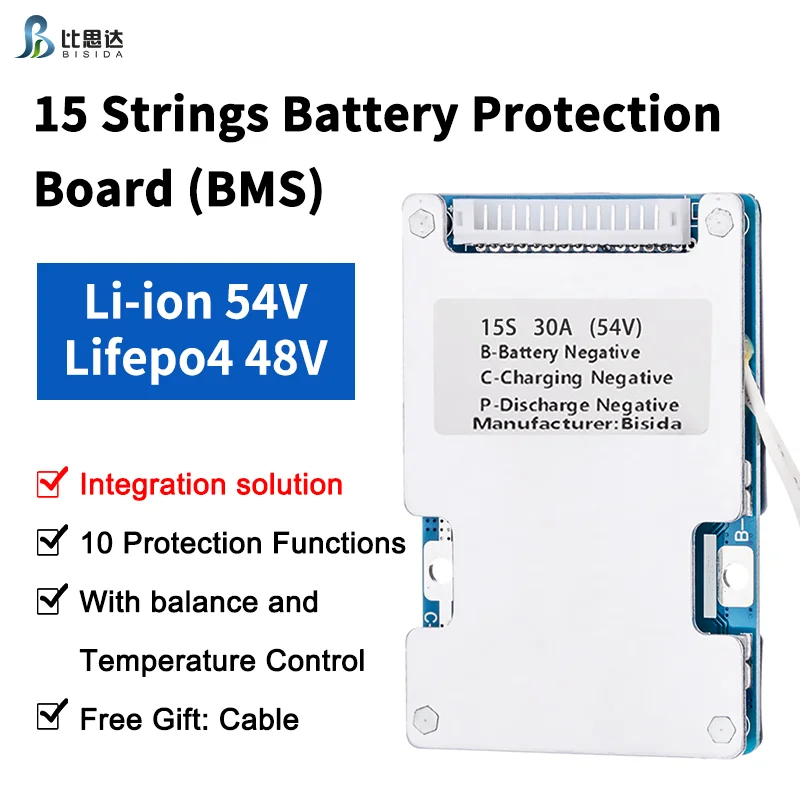 Bisida BMS 15S 48V/54V con control de temperatura equilibrado, protección de diez funciones, puerto público, adecuado para Lifepo4/iones de litio