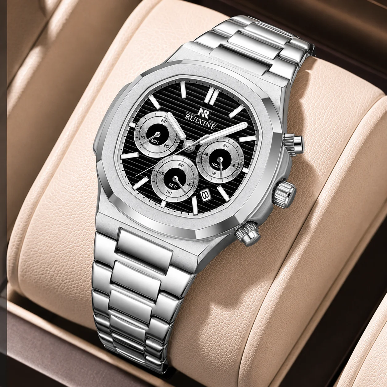 RUIXINE Luxury Men's Watch Chronograph Quartz Stainless Steel Bracelet Business Sport Watch Calendar Fashion Wristwatch