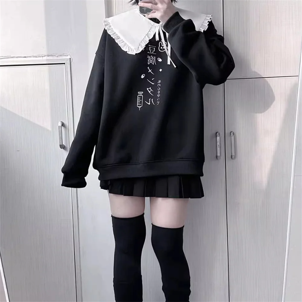 화이트 블랙 Y2k 여성 가을 루즈 캐주얼 피터팬 후드 일본 미네 스타일 서브컬쳐 귀여운 스위트 걸 후디 스웨터셔츠