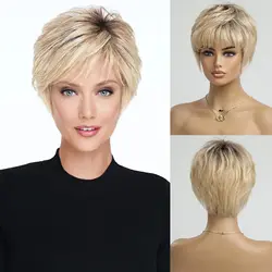 100% Remy Human Hair Wigs Ombre Blonde Short Bob Pixie Cut Machine Made Wig with Bangs Human Hair Natural Layered Wigs for Women