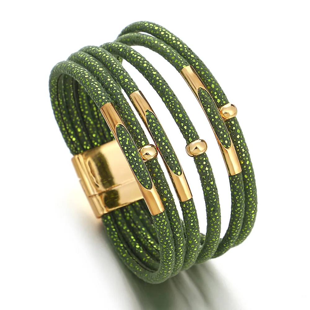 ALLYES Fashion Metal Tube Sequins Leather Bracelet for Women Shiny Boho Multilayer Wrap Wide Bracelets Party Christmas Jewelry