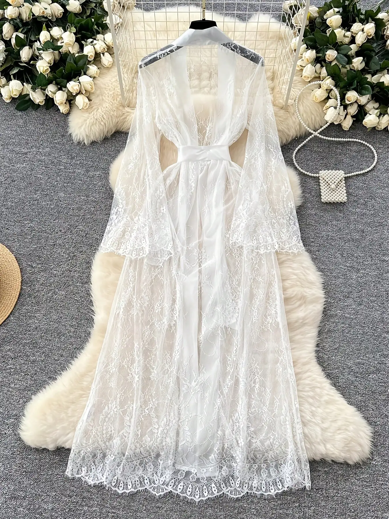 

Women's Sexy Lace Robe with Belt, Elegant See-Through Sleepwear for All Seasons