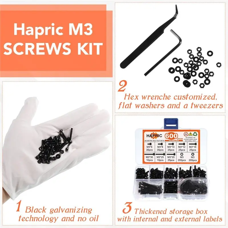 【FLASH DEAL】600Pcs M3 Screws,12.9 Alloy Steel Nuts And Bolts Assortment Kit,Black Zinc Plated Hex Socket Head Screws Nuts Bolts