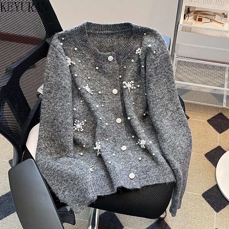 Vintage Peals Beading Sweater Jacket Women 2024 New Autumn Winter O-Neck Long Sleeve Lazy Loose Soft Short Knitted Cardigan Tops