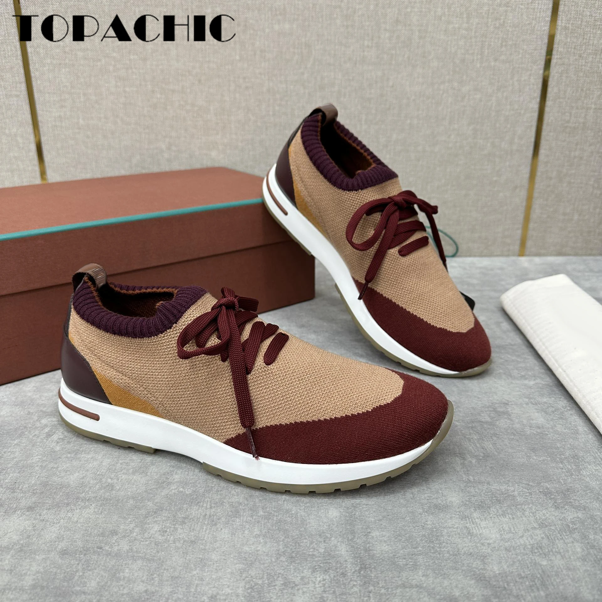 12.5 TOPACHIC Men\'s Breathable Knitted Lace-Up Casual Shoes Fashion Classic Sneakers