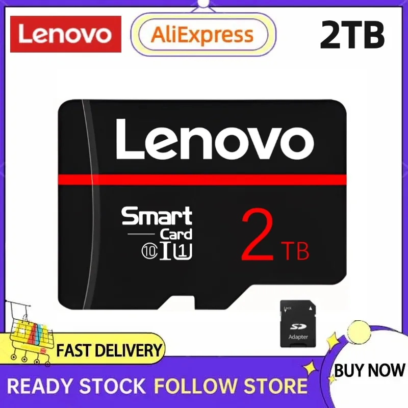 Lenovo-Mini Cartão de Memória Impermeável para Telefone Android, 2TB, Micro TF, Cartão SD, 512GB, Flash Card, V30, Alta Velocidade, 1TB, Grande Capacidade, A2