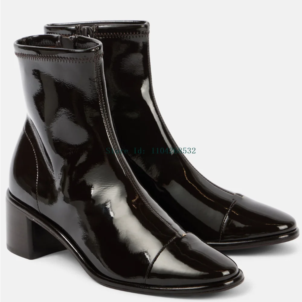 

Black Patent Leather Shining Ankle Boots Sexy Square Heel Round Toe Zipper New Arrivals Lady Fashion Modern Boots