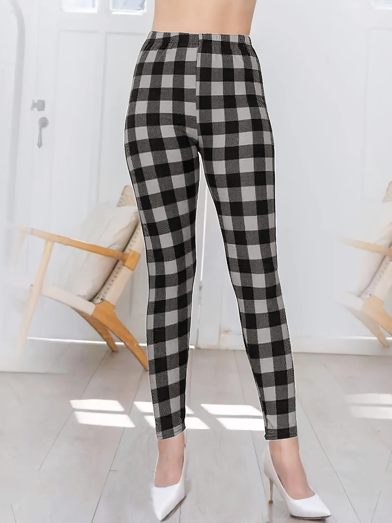 Women Fashion Plaid Printed Long Pants Casual High Waist Pencil Pants Ladies Elegant Slim Long Pants