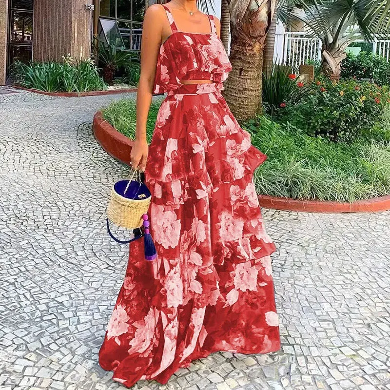 Women's Two Piece Outfits Floral Print Ruffle Crop Cami Tops + High Waist Tiered Maxi Skirt Ladies Summer Beach Clothes Sets view 3