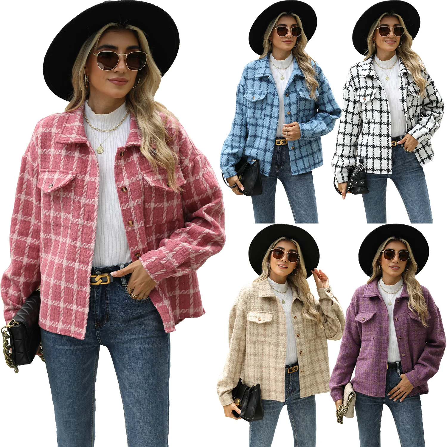 

Autumn Winter New Fashion Lapel Women Casual Coat Simple Plaid Female Long Sleeved Loose Woolen Jacket