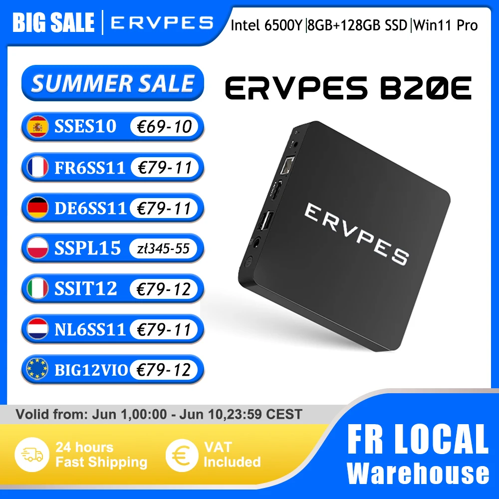 Mini PC ERVPES B20E Intel 6500Y Windows 11 DDR3 8 Go de RAM 128 Go SSD HDMI VGA WIFI5 BT 5.0 USB Ordinateur de bureau compact