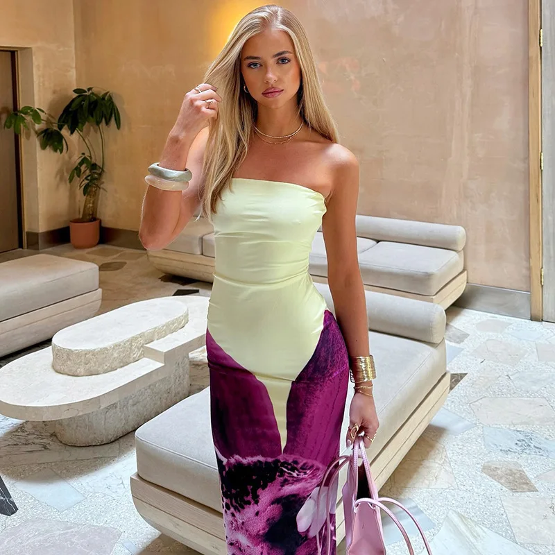 خارج الكتف حمالة طباعة مثير فستان ماكسي المرأة موضة المرقعة أكمام عارية الذراعين Bodycon نادي فستان طويل للحفلات