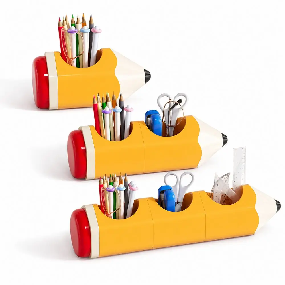 Plastic Pencil Holder Pencil-Shaped Multi-Compartment Pen Holder Cartoon Style Open Top Stationery Organizer School Supplies