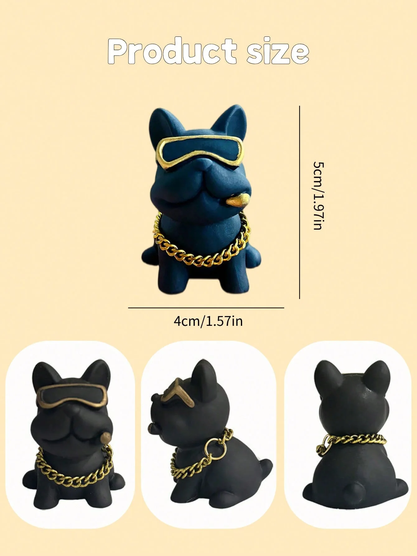 Decoração de carro de buldogue de resina fofa com corrente de ouro e óculos – ornamento de painel divertido para amantes de cães, acessórios de interior de carro humorístico