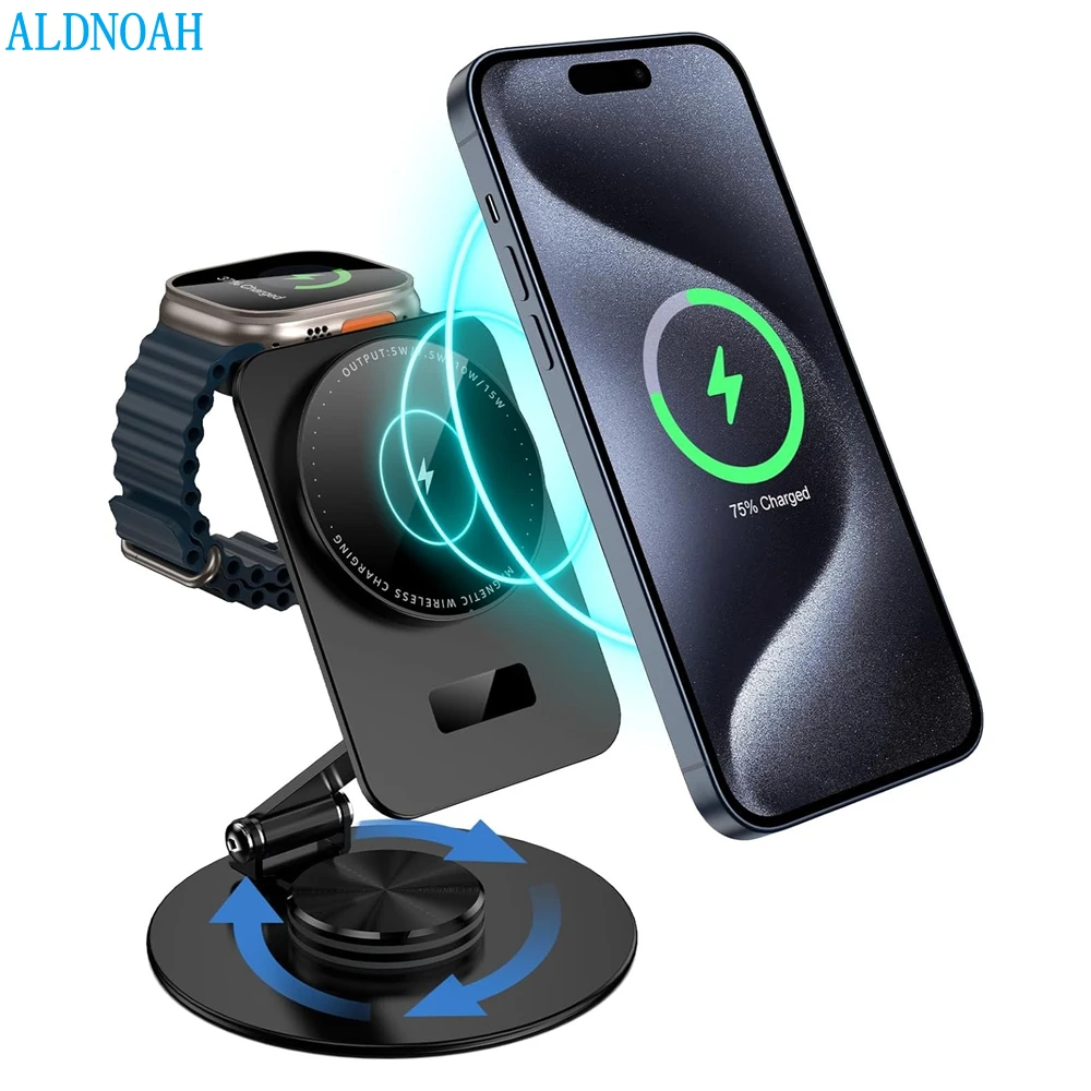 2 in 1 Magnetic 15W Fast Wireless Charger Foldable rotate Station For iPhone 15 14 13 12 Apple Watch Ultra SE 9 8 7 Airpods Pro