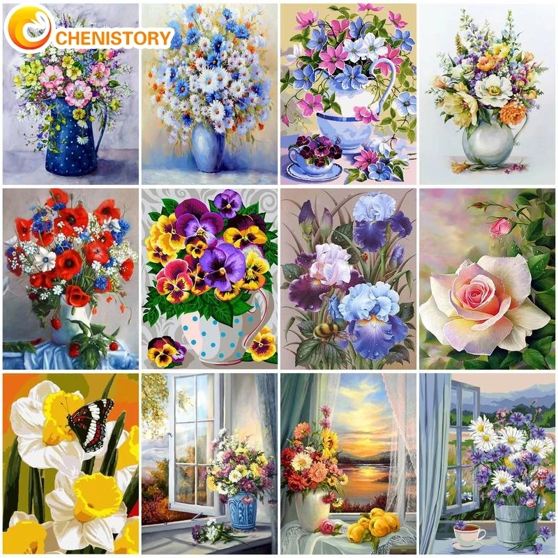 Kit De Pintura Por Números De Flores Para Adultos, Con Lienzo Texturizado, 24 Colores Acrílicos, 3 Pinceles Y Marco De Cristal, Ideal Para Decoración Y Relajación
