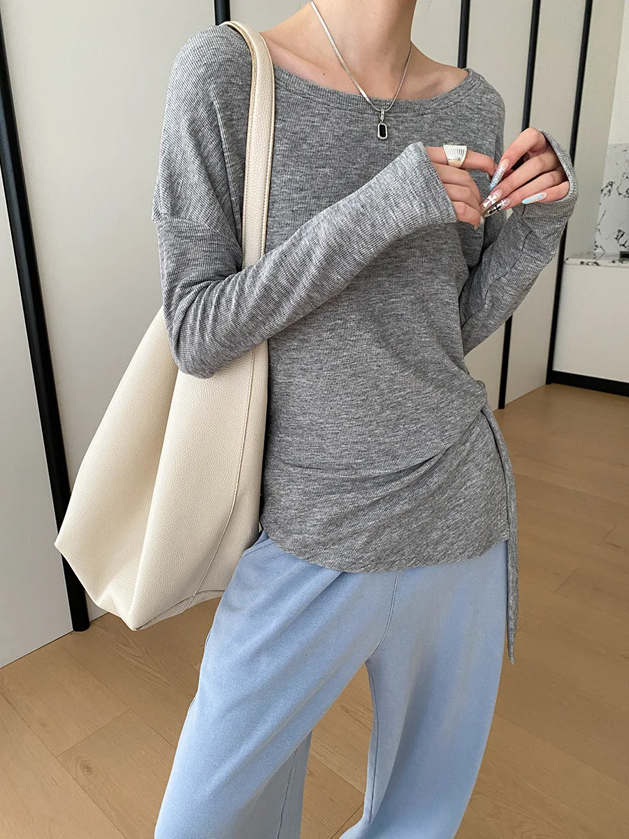 Autumn women's casual solid color slit irregular strap waist cinched one collar long sleeved slim fit T-shirt