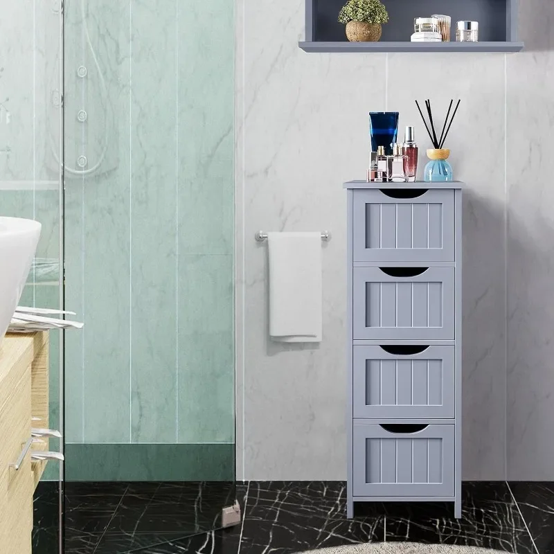 Bathroom Floor Cabinet, Wooden Side Storage Organizer, 4 Drawers Free-Standing Cabinet for Bathroom/Hallway/Living Room