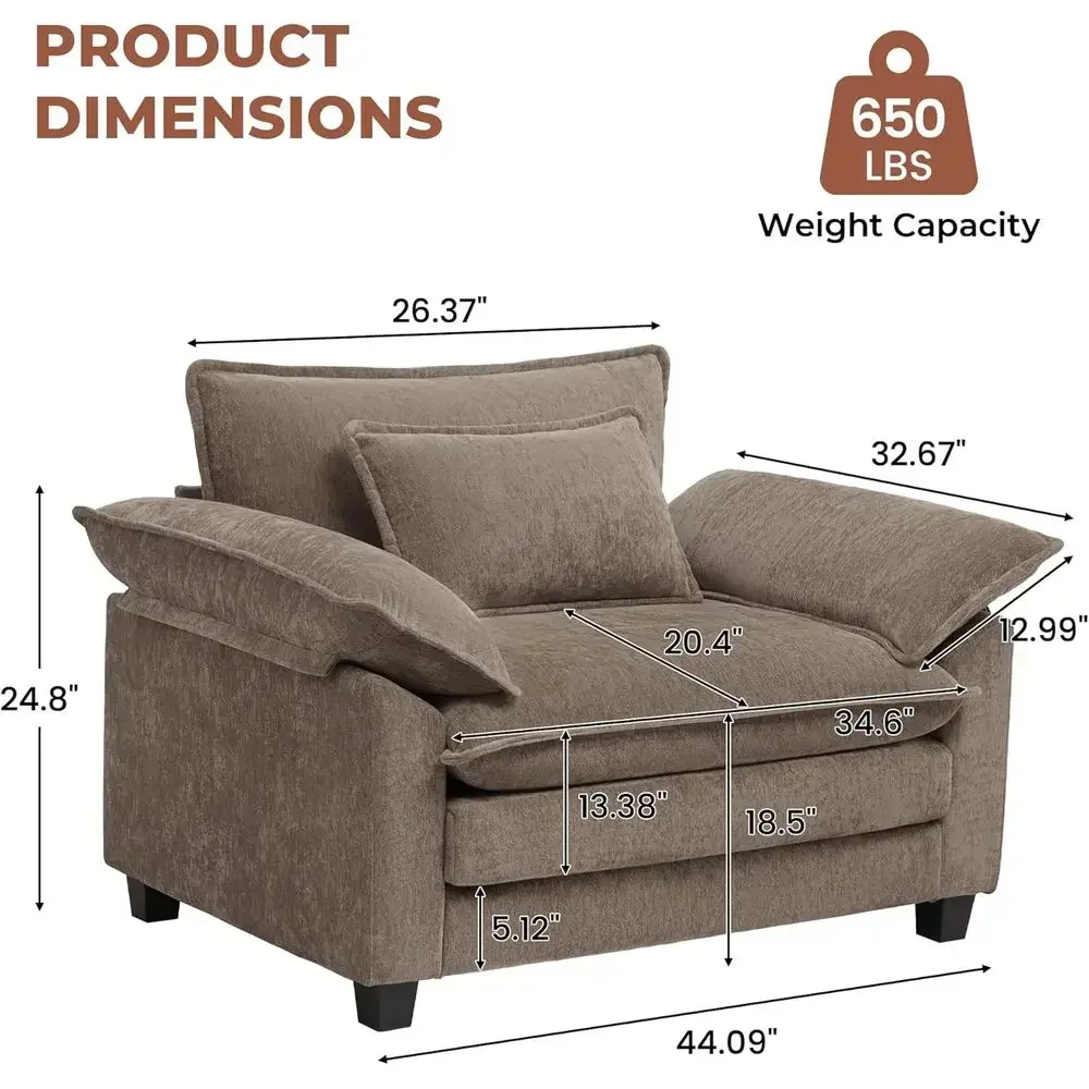 Oversized Chenille Cloud Sofa Chair Set of 2, Deep Seated Upholstered Armchairs for Reading or Living Spaces in Brown