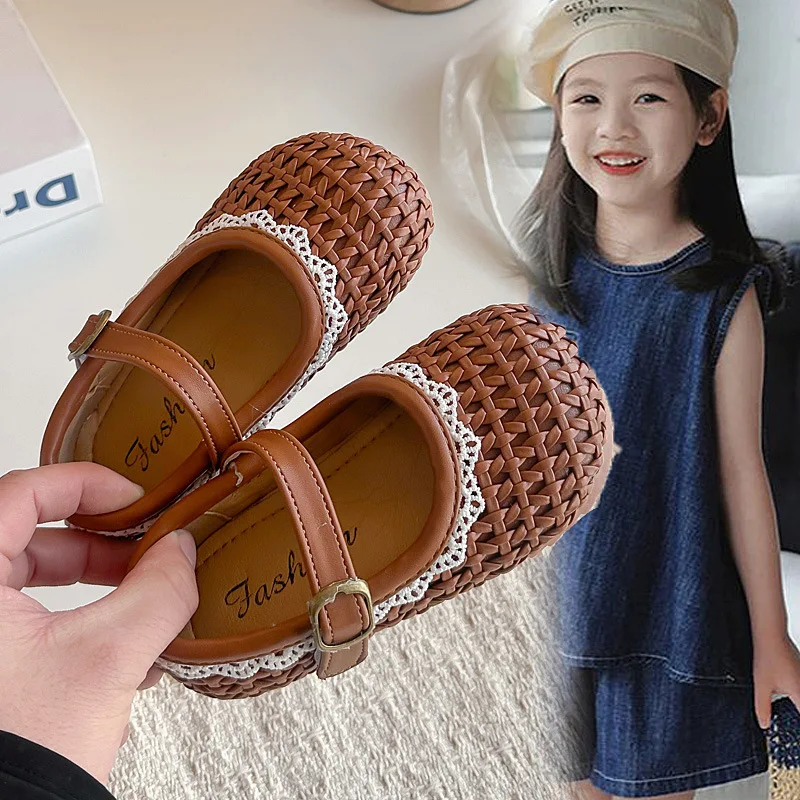 Girls Princess Shoes Sweet Lace Weave Kids Flat Shoes Trendy Round Toes 2026 Summer New Children Casual Shoes Hook&loop Soft