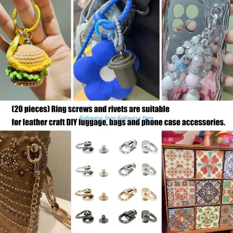 

573B 20Pcs Screwback Round Head Rivets,Pull Rings Rivets Fasteners Screw Rivet Studs for DIY Leather Craft Purse Phone Cases