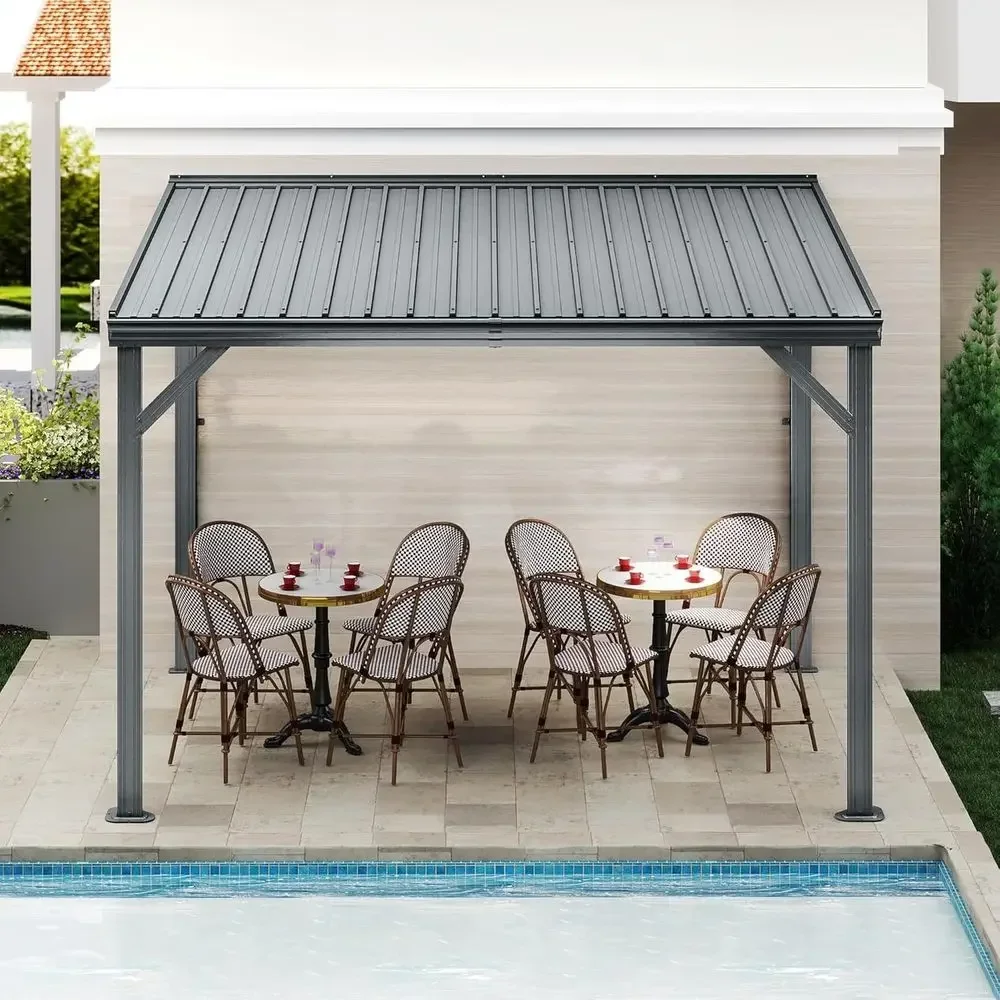 8x10 Outdoor Lean-to Gazebo with Galvanized Steel Roof, Heavy-Duty Wall-Mounted Shelter for Decks and Backyards