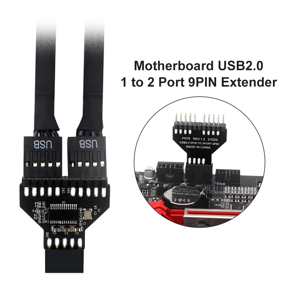 Motherboard 1 To 2 Ports USB 2.0 9-Pin Front Panel Connector Water-Cooled RGB Lamp Fan Mainboard Cable Adapter for Desktop PC