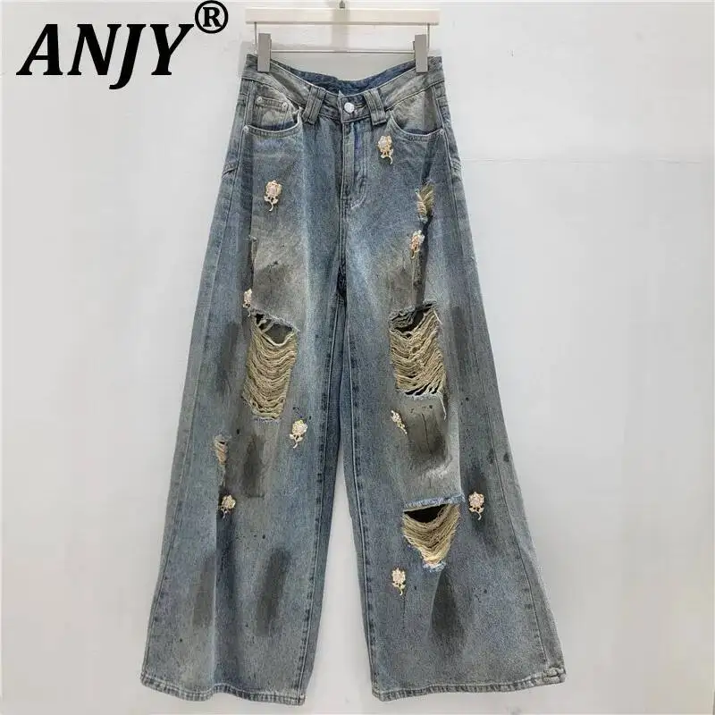 

ANJY Spring Autumn New Women Vintage High Street Ripped Fashion Metal Floral Decoration Jeans Trendy Wide Leg Denim Pants A25199