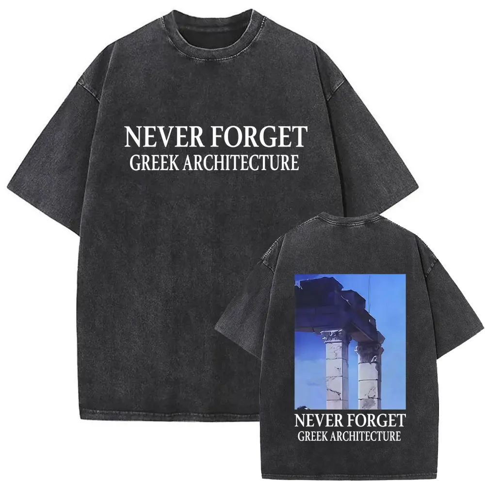 Gewaschenes Vintage-T-Shirt „NEVER FORGET GREEK ARCHITECTURE“ für Männer und Frauen, Retro-Baumwoll-T-Shirt, männliches Hip-Hop-Oversize-T-Shirt, Streetwear – Detail 8