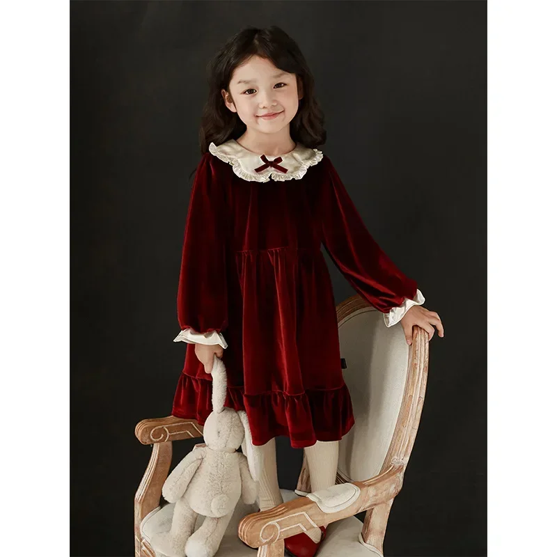 Girl Dress Girls Lapel Lace Dress 2023 Winter New Children Cashmere Warm Princess Skirt Baby Long Skirt Girl Clothes