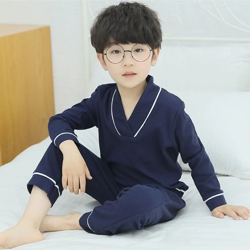 Children's Loose Fit V Neck Pajamas Set Thin Fabric Long Sleeve Wear for Boys Air Conditioning Comfort Seasonal Spring Autumn