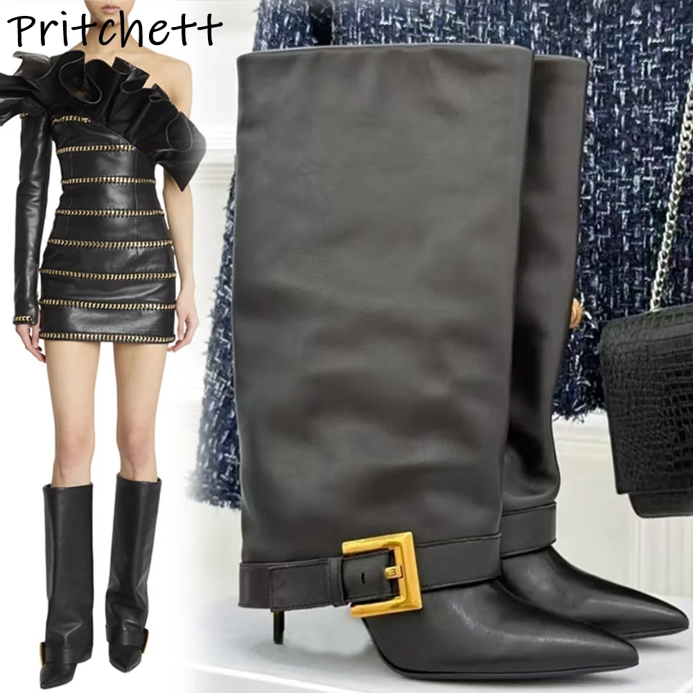 

Buckle Belt Turn Over Edge Boots Pointy Toe Thin Heels Slip On Slouch Solid Sexy Shoes Women's Winter Warm Knee High Boots