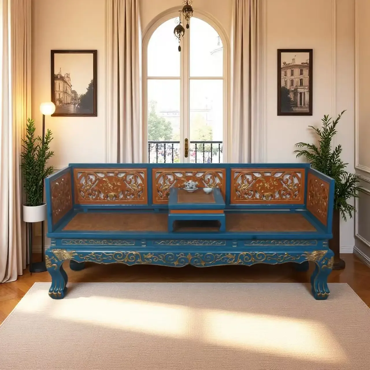 Chinese style old solid wood Arhat bed Chinese style living room sofa combination antique home chaise longue three people