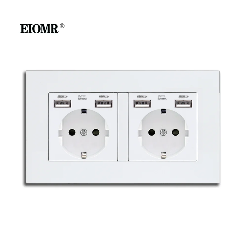EIOMR European Standard USB Power Socket AC 110~250V White PC Panel Double Frame Socket 146mm*86mm Family Hotel Furnish Socket