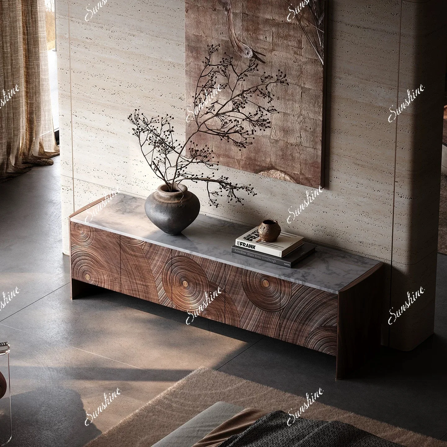 Art carving light luxury solid wood TV cabinet marble countertop living room locker minimalist storage cabinet