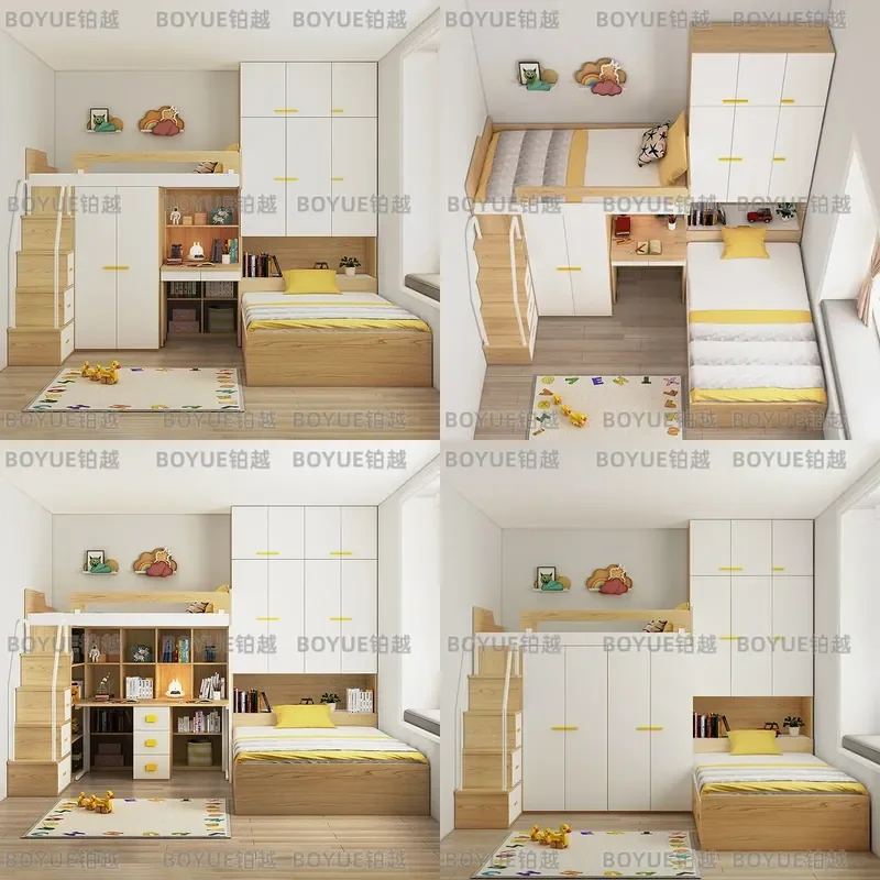 Space Saving Staggered Bunk Bed for Small Apartment Multi Functional Tatami Style High Low Beds for Kids Room Furniture